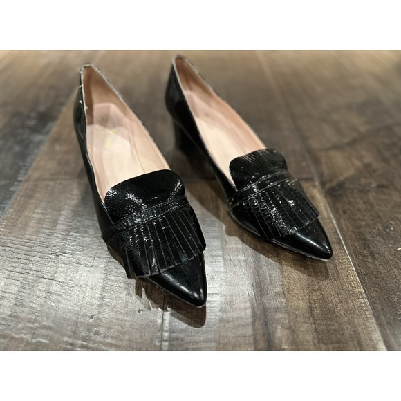 Kate Spade Block Heel Black Patent Leather Pumps Shoes Fringe Size 10 - Picture 1 of 8